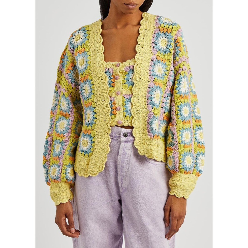 Alemais Petra Crochet Open Front Cardigan Yellow Multi 10